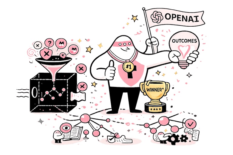 Illustration of the OpenAI Codex Hackathon winning project: a champion character holding an OpenAI flag and an Outcomes lightbulb, alongside a funnel processing ideas through a decision graph β representing the shift from raw AI outputs to structured outcomes through evaluation infrastructure
